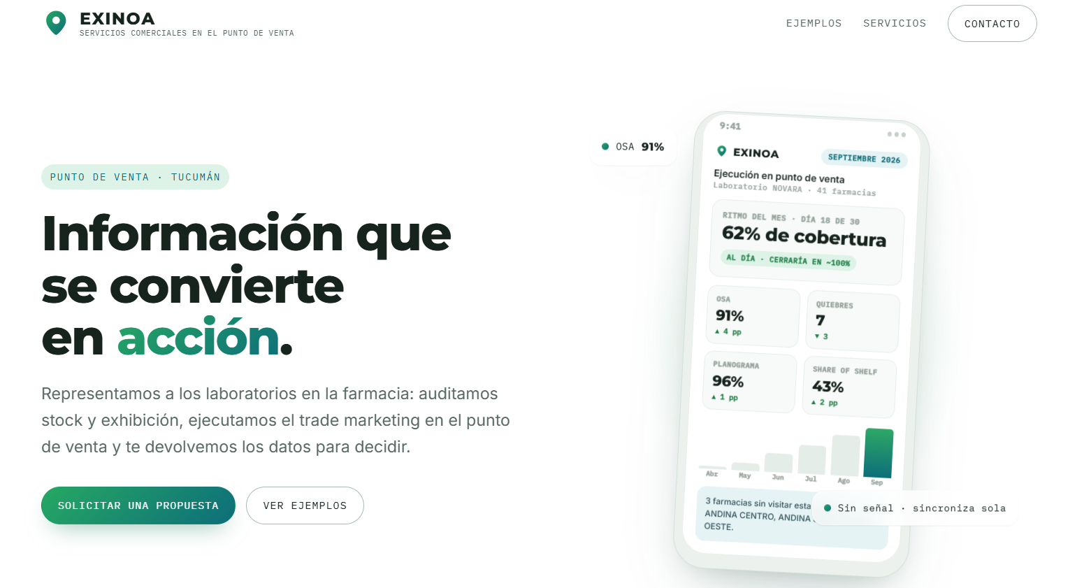 Captura de la landing page de EXINOA